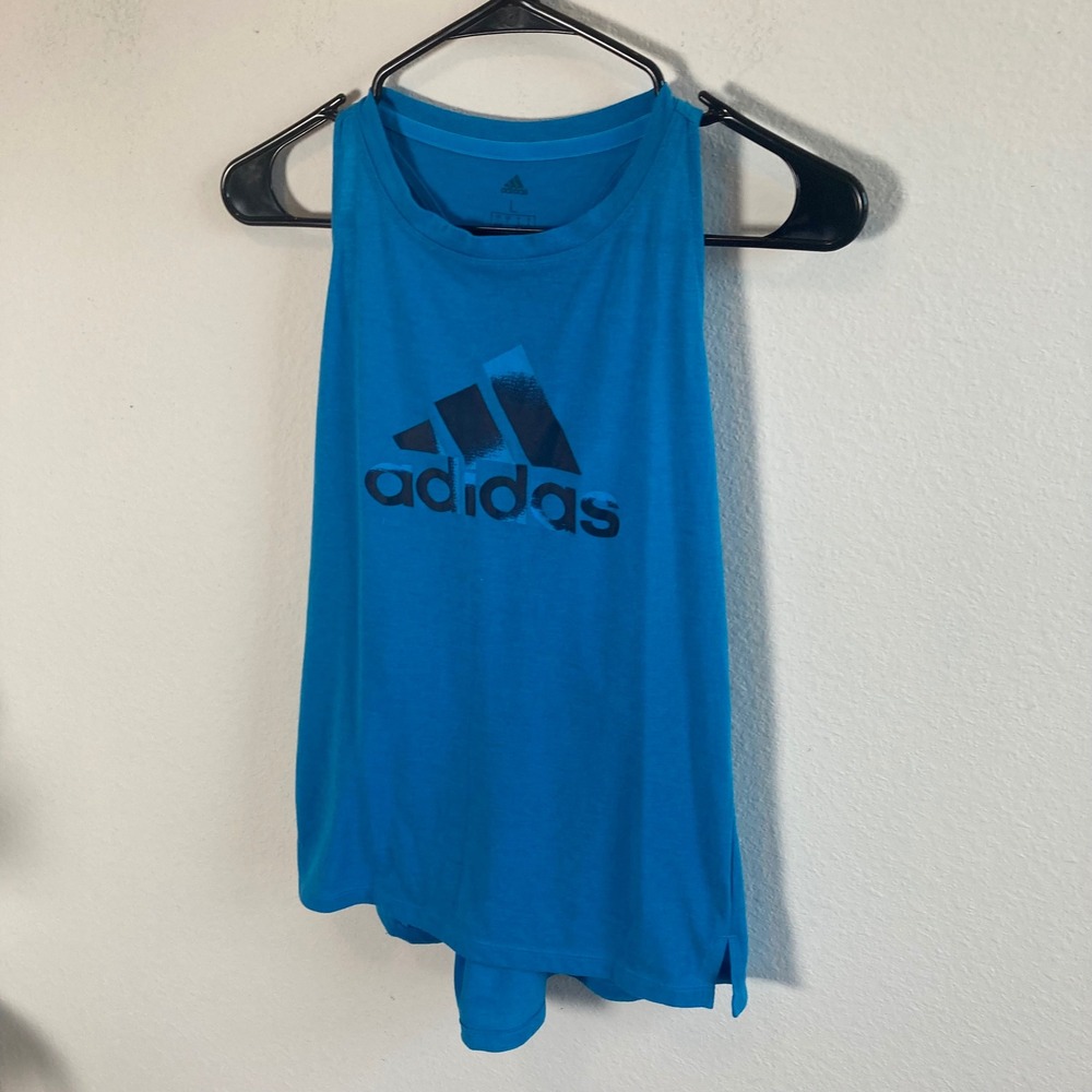Adidas Tank Top Women Large Blue Graphic Logo Racerback Open Back Activewear - Picture 2 of 7